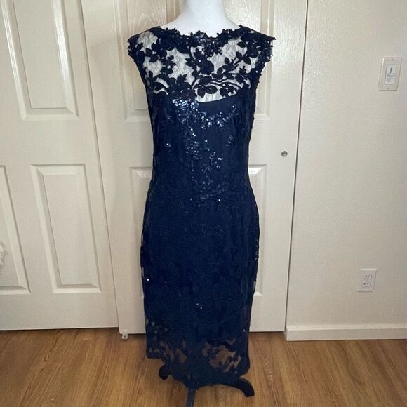 Tadashi Shoji Paillette Embroidered Lace Sheath Cocktail Dress Royal Navy Blue S - Picture 14 of 14